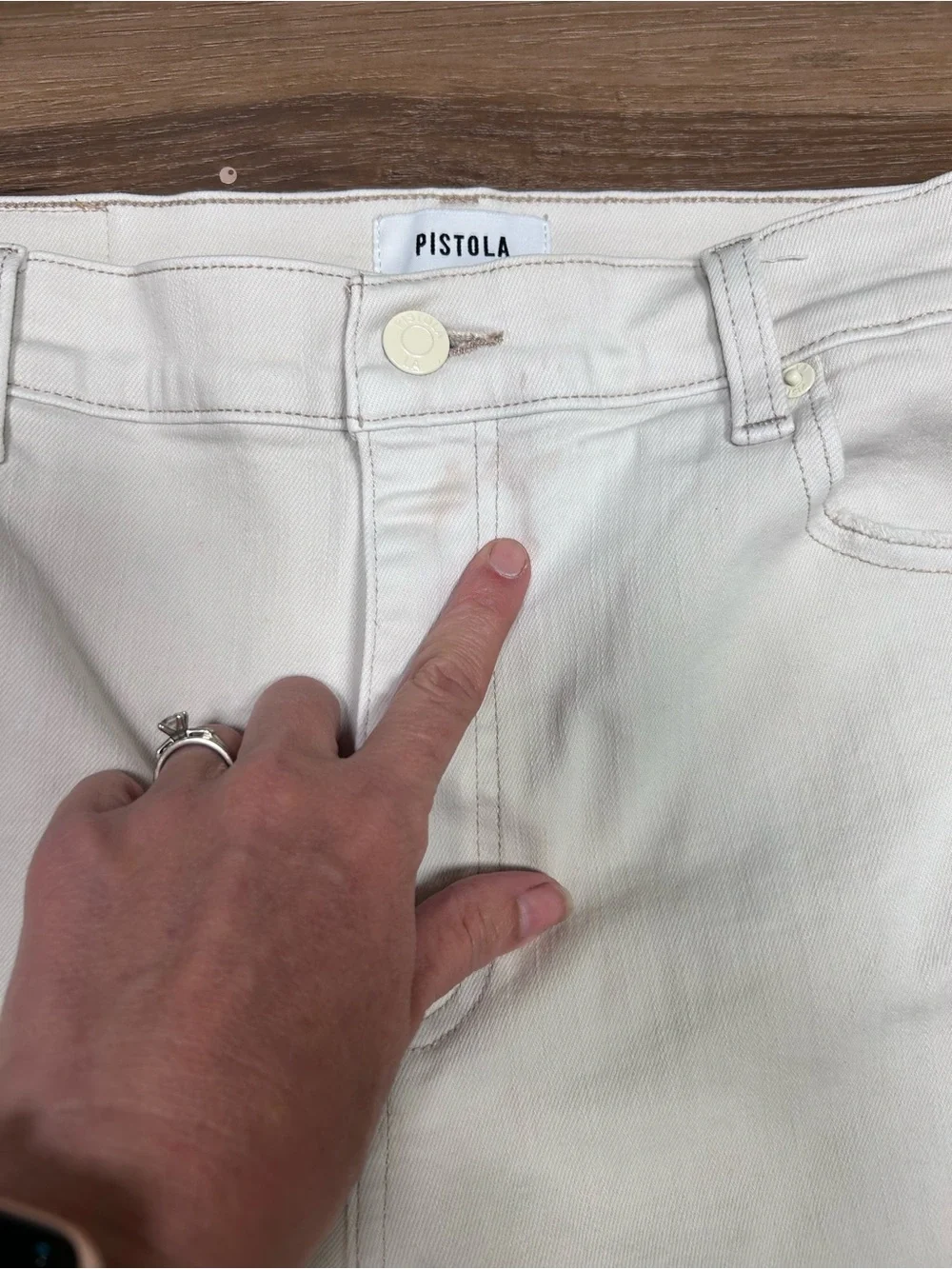 Pistola Cassie high rise straight crop jeans size 32 STAINED ivory raw hem